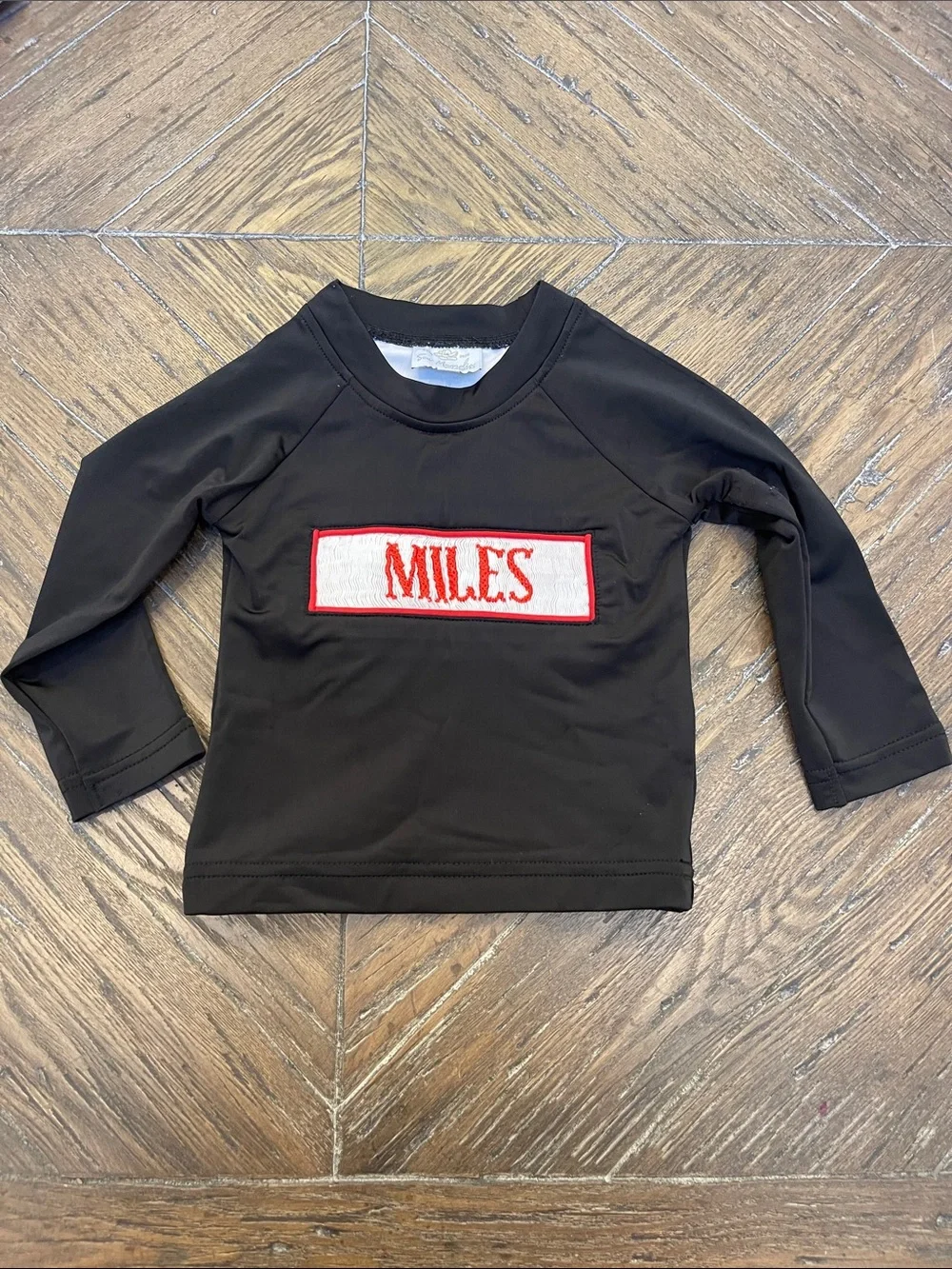 Sew Magnolia Smocks Black Rash Guard Swim Top with Red Name Miles